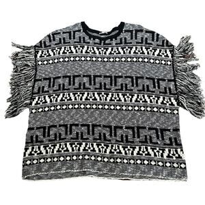 Gianni Bini Black and White Oversized Cotton Sweater with Fringe Sleeves Large